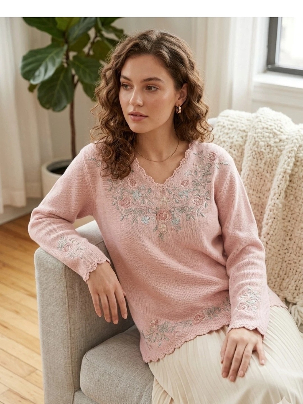 VTG Y2K Coquette Pink Sweater L Floral Knit Embroidery Cottagecore Grandmacore